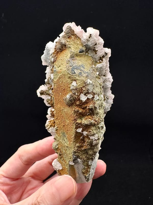 Pink & White Calcite on Quartz — Inner Mongolia — reverse-left profile showing yellow patina