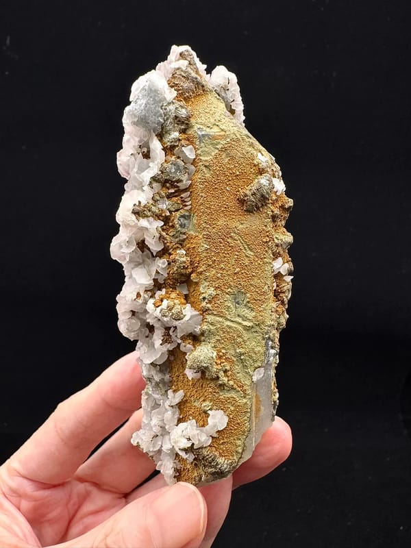 Pink & White Calcite on Quartz — Inner Mongolia — reverse-right profile showing yellow patina