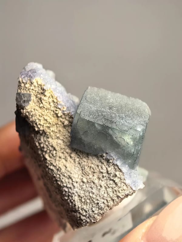Morandi Green Fluorite Cube on Pale Matrix — Yindu — individual mineral specimen view 1