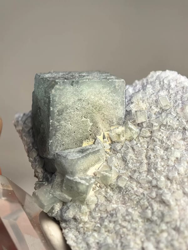 Morandi Green Fluorite Cube on Pale Matrix — Yindu — individual mineral specimen view 2