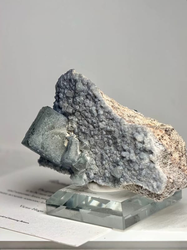 Morandi Green Fluorite Cube on Pale Matrix — Yindu — mineral specimen view 3