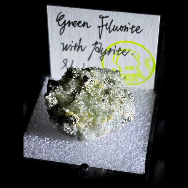 Mint-green fluorite with pyrite — complete view