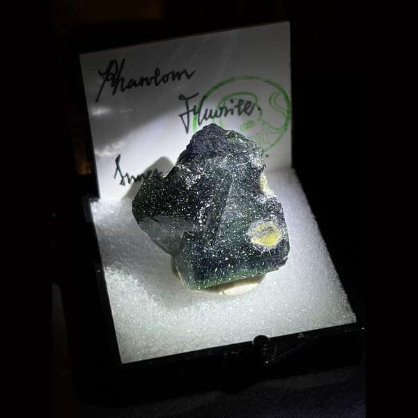 Green phantom fluorite with bismuthinite — alternate view