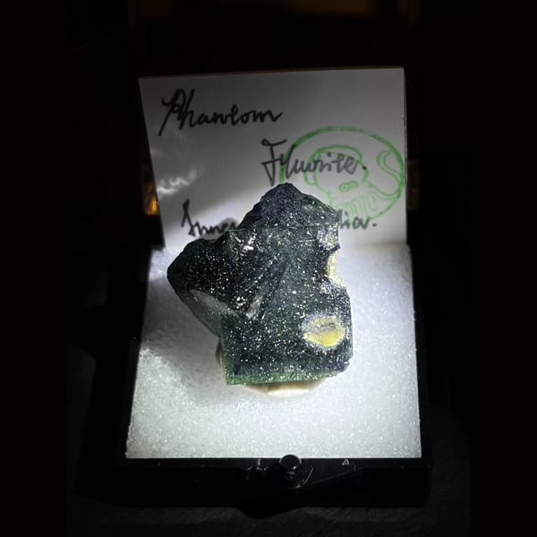 Green phantom fluorite with bismuthinite — alternate view