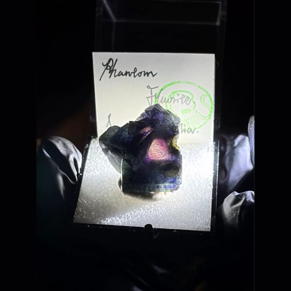 Green phantom fluorite with bismuthinite — detail view