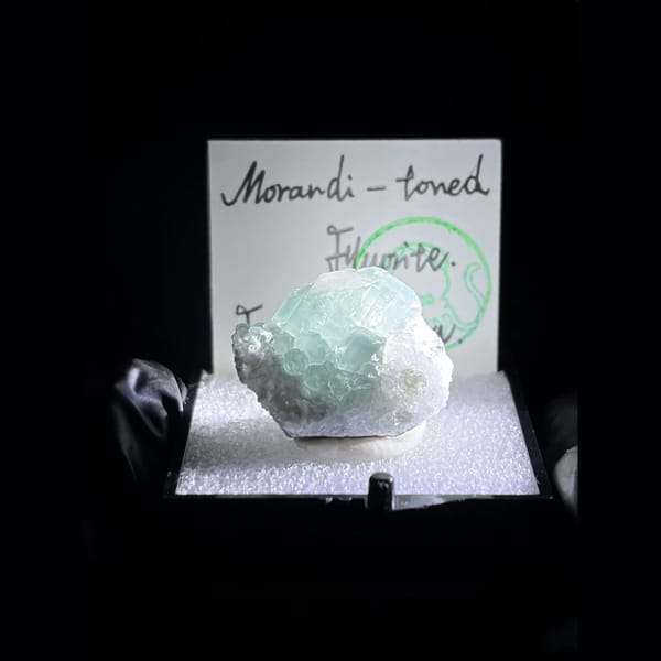 Morandi green stepped fluorite from Fujian — detail view