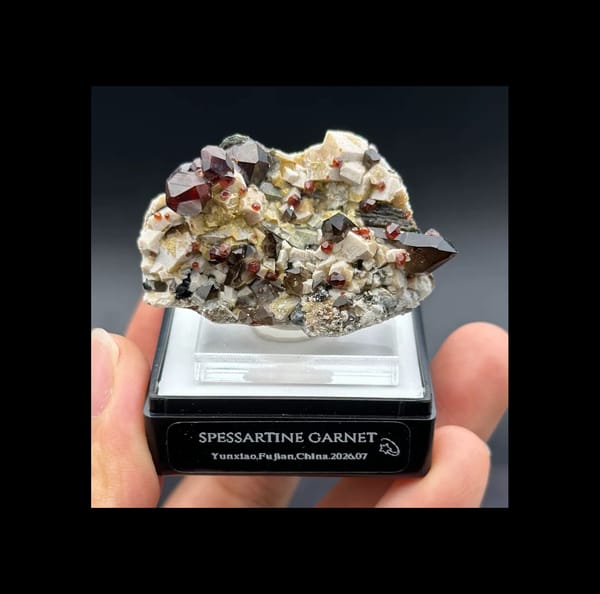 Wine-Red Spessartine with Smoky Quartz and Hyalite