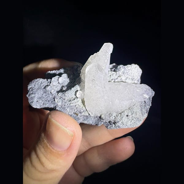 White dogtooth calcite on grey matrix from Longyan, Fujian — detail view