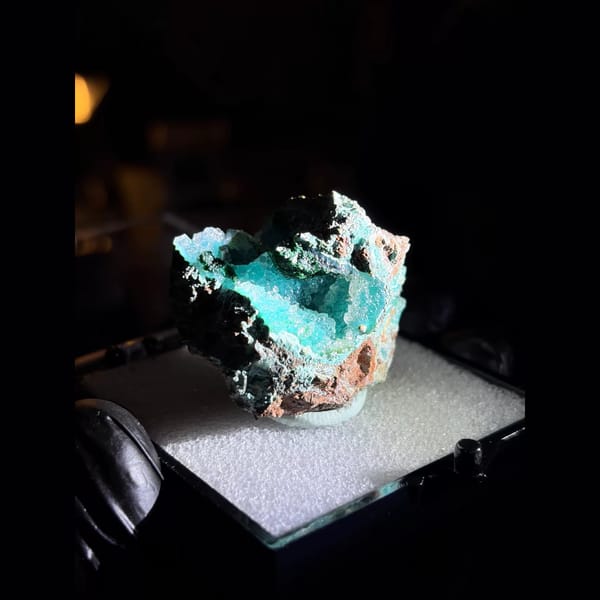 Druzy quartz over blue chrysocolla from Congo — complete view