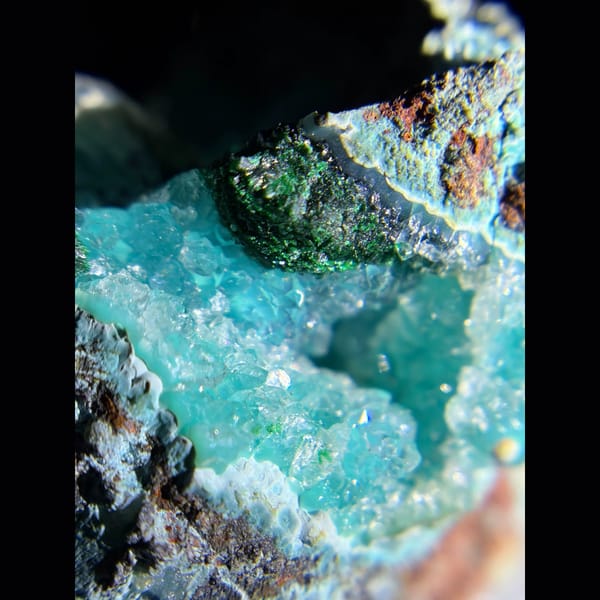 Druzy quartz over blue chrysocolla from Congo — alternate view