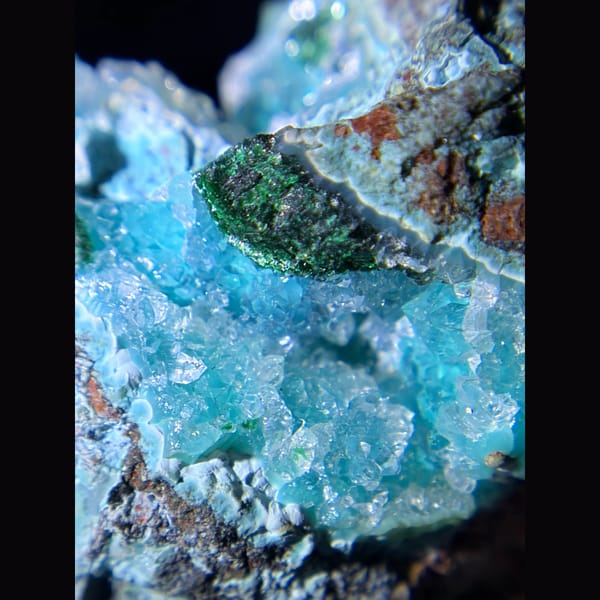 Druzy quartz over blue chrysocolla from Congo — alternate view
