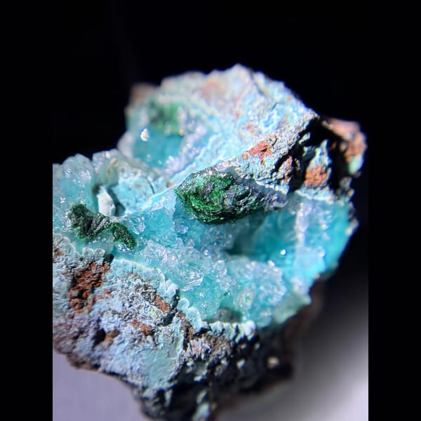 Druzy quartz over blue chrysocolla from Congo — detail view