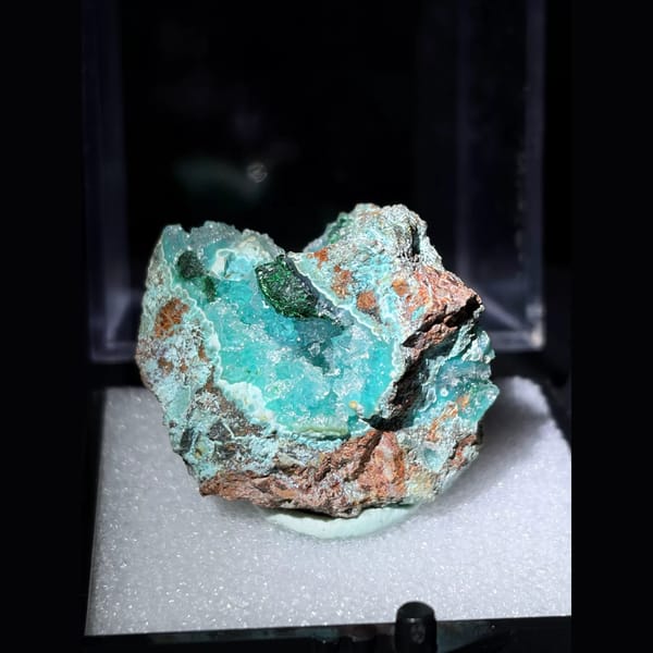 Druzy quartz over blue chrysocolla from Congo — detail view