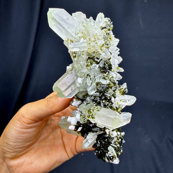 Double terminated clear quartz crystals with dark green epidote from Sichuan — alternate view