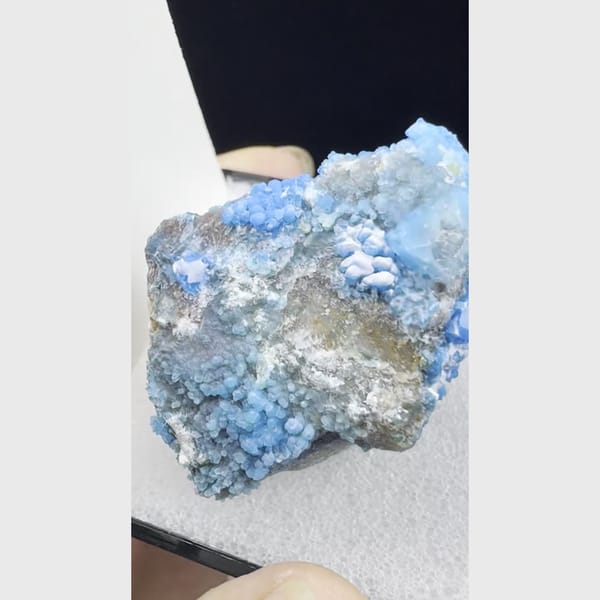 Vivid blue botryoidal allophane in specimen box from Qinglong — alternate view