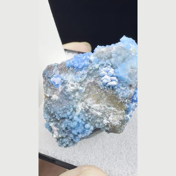 Vivid blue botryoidal allophane in specimen box from Qinglong — alternate view