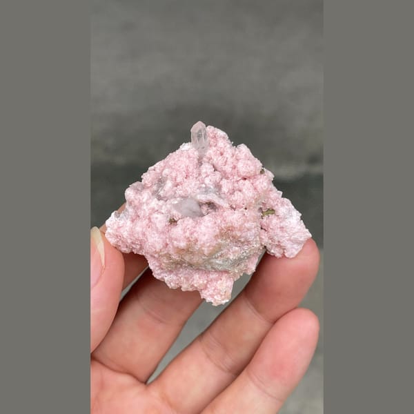 Frosty pale pink rhodochrosite with quartz from Bulgaria — complete view