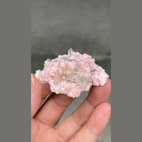 Frosty pale pink rhodochrosite with quartz from Bulgaria — detail view