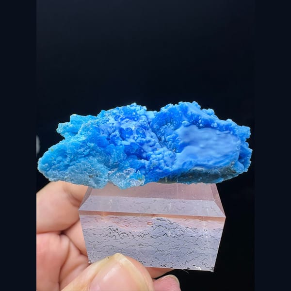 Long two-sided bright blue allophane from Qinglong — alternate view