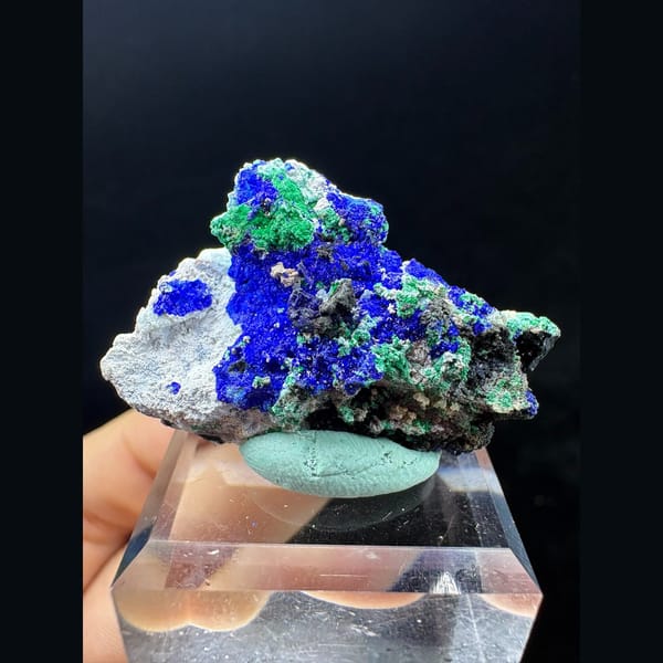 Deep blue azurite with green malachite on matrix — complete view