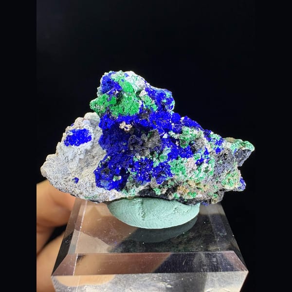 Deep blue azurite with green malachite on matrix — alternate view