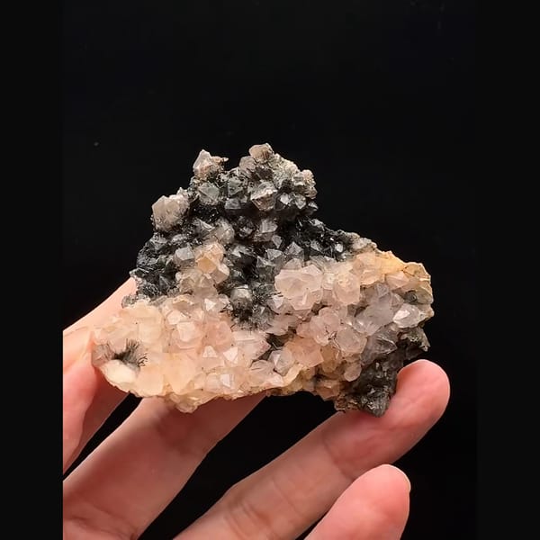 Pale pink quartz with dark goethite-coated quartz from Morocco — alternate view
