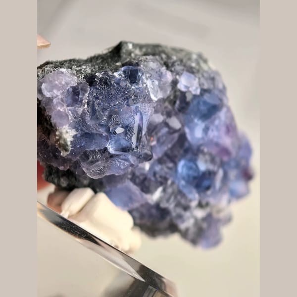 Blue Octahedral Fluorite with Quartz — Fujian - alternate view