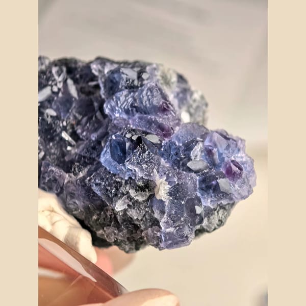 Blue Octahedral Fluorite with Quartz — Fujian - detail view