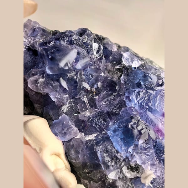 Blue Octahedral Fluorite with Quartz — Fujian - detail view