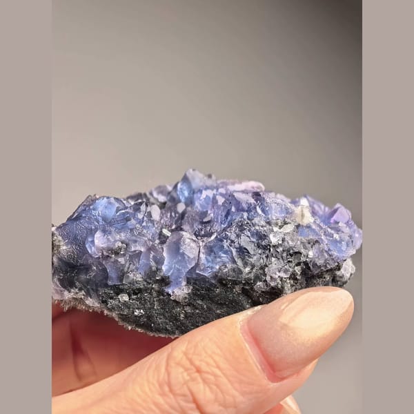 Blue Octahedral Fluorite with Quartz — Fujian - detail view