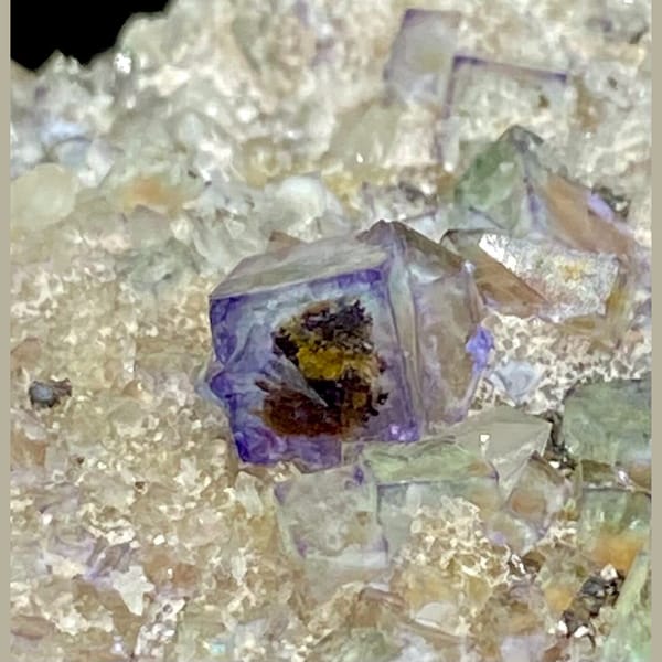 Clear purple-edged fluorite cubes on pale matrix from Hebei — complete view