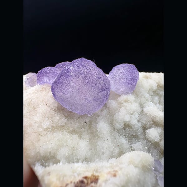 Lavender purple fluorite on white sugary quartz from Qinglong — alternate view