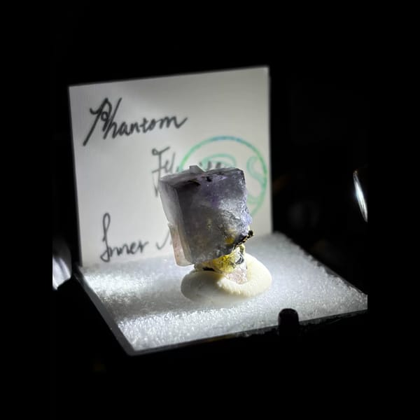 Porcelain phantom fluorite with pyrite — complete view