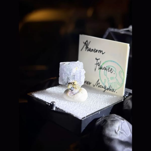 Porcelain phantom fluorite with pyrite — alternate view
