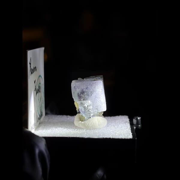 Porcelain phantom fluorite with pyrite — detail view
