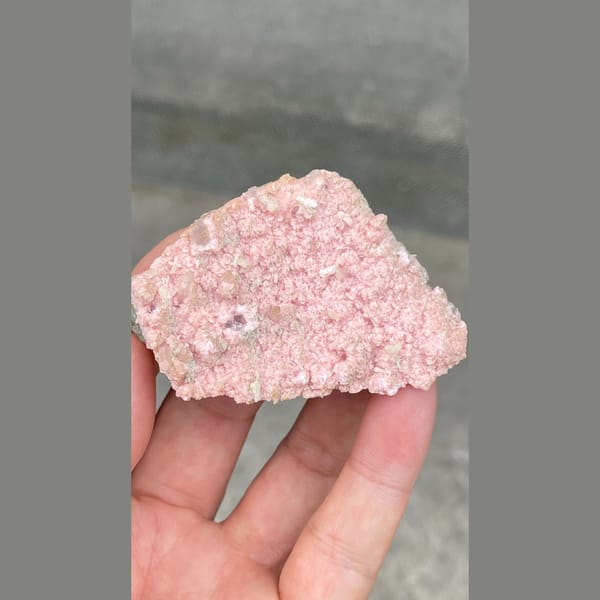 Flat plate of frosty pink rhodochrosite from Bulgaria — complete view