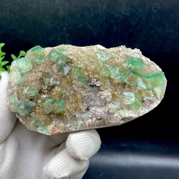 Green fluorite cubes on a sparkling quartz plate from Hebei — alternate view