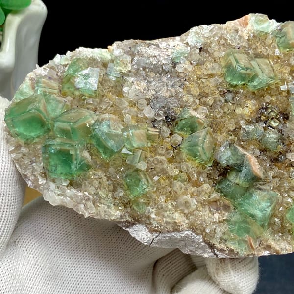 Green fluorite cubes on a sparkling quartz plate from Hebei — detail view