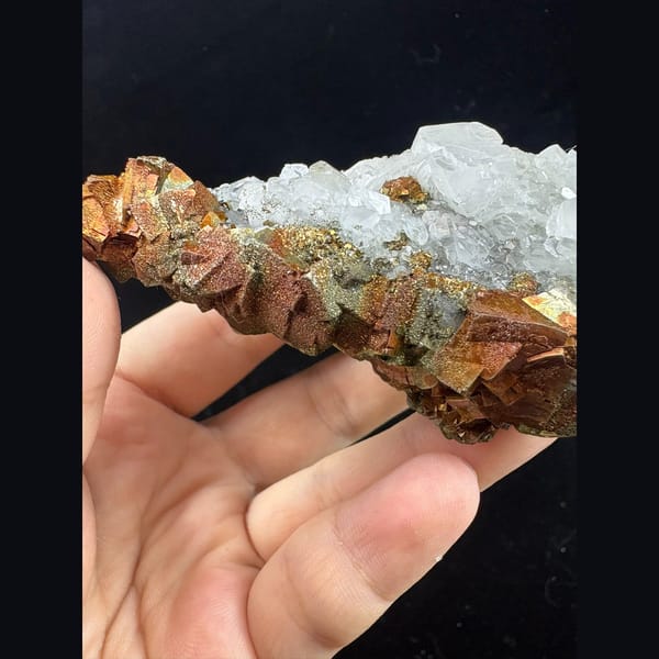 White calcite with golden pyrite floater from Fujian — alternate view