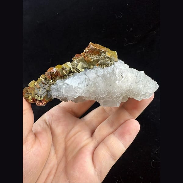 White calcite with golden pyrite floater from Fujian — detail view
