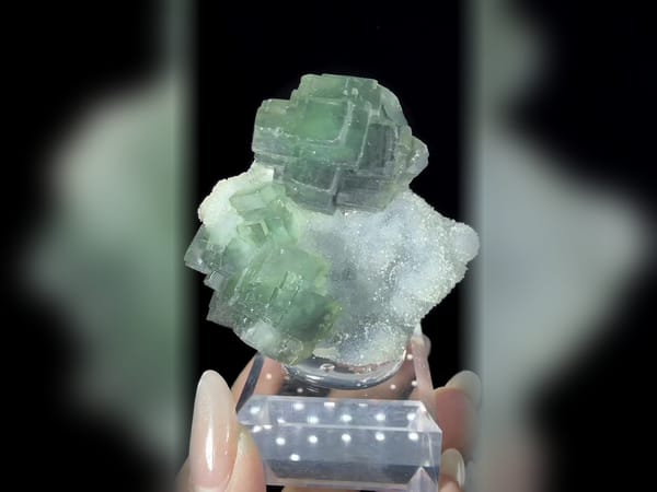Green Fluorite with Calcite and Quartz 6.4 cm, Fluorescent Matrix Specimen — complete view