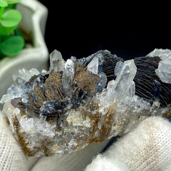 Clear quartz points with black bladed specular hematite from Guangdong — complete view