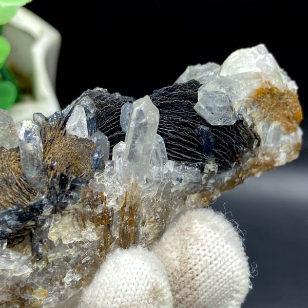 Clear quartz points with black bladed specular hematite from Guangdong — alternate view