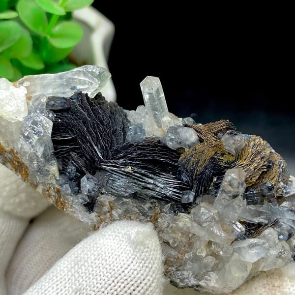 Clear quartz points with black bladed specular hematite from Guangdong — detail view