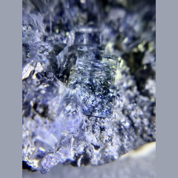 Blue garden phantom fluorite with pyrite from Inner Mongolia — detail view