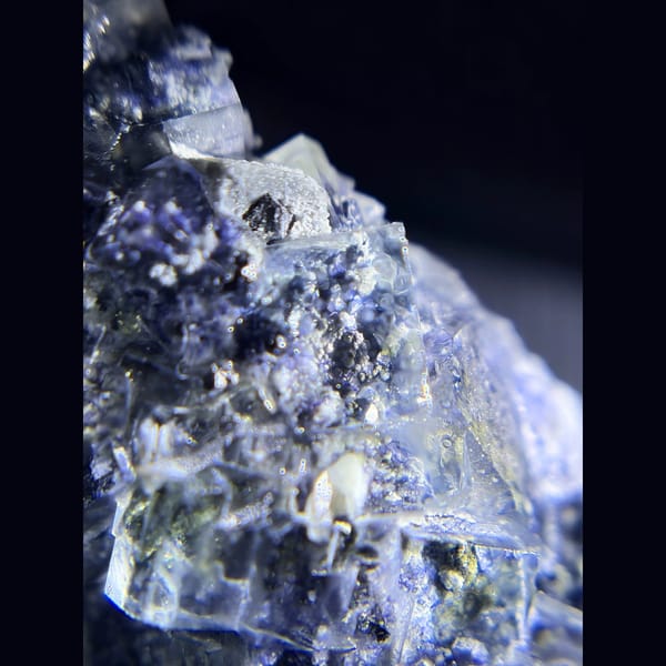 Blue garden phantom fluorite with pyrite from Inner Mongolia — detail view