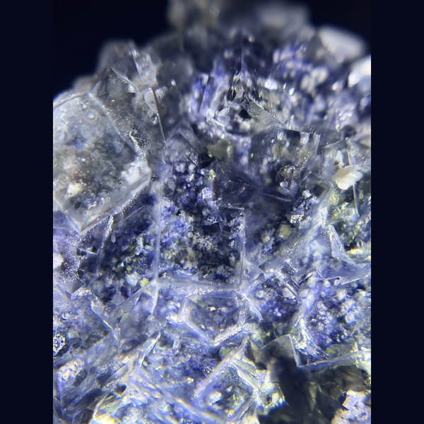 Blue garden phantom fluorite with pyrite from Inner Mongolia — detail view