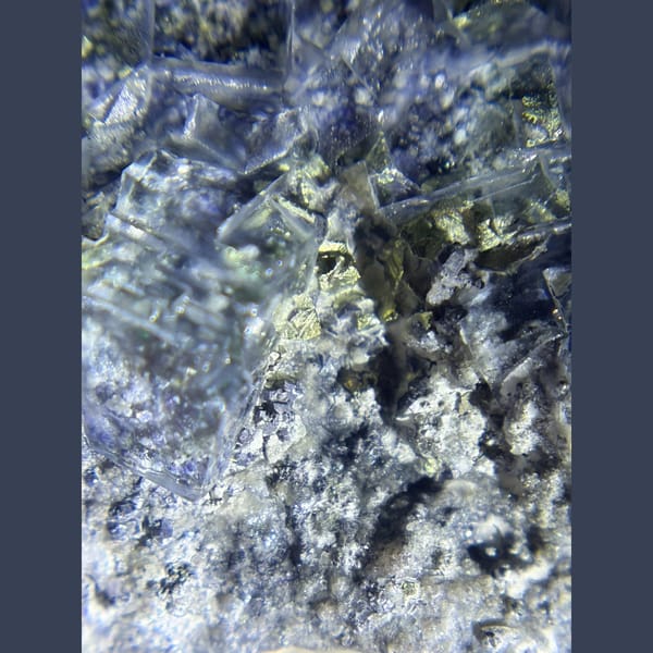 Blue garden phantom fluorite with pyrite from Inner Mongolia — detail view