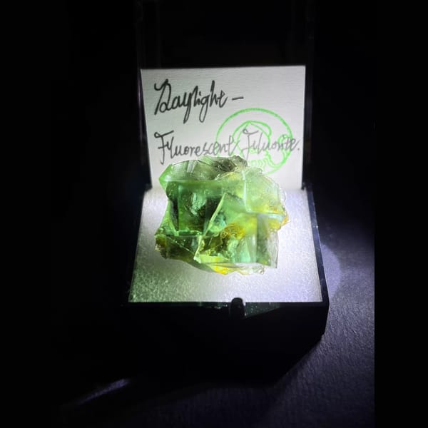 Daylight fluorescent green fluorite from the Diana Maria Mine — alternate view