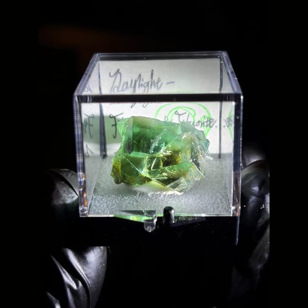 Daylight fluorescent green fluorite from the Diana Maria Mine — detail view